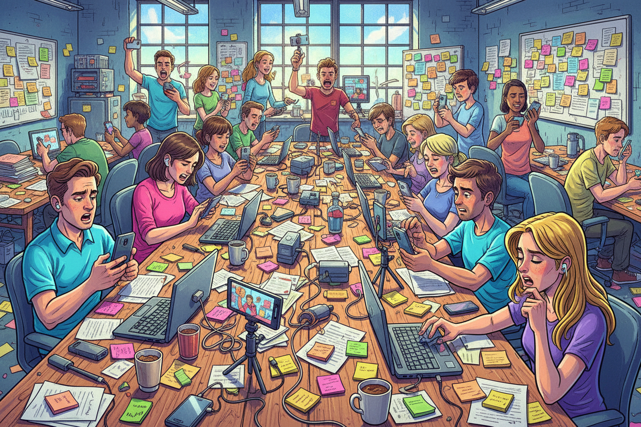 illustration follow the previous and they're creators so have them all with mobile phones instead