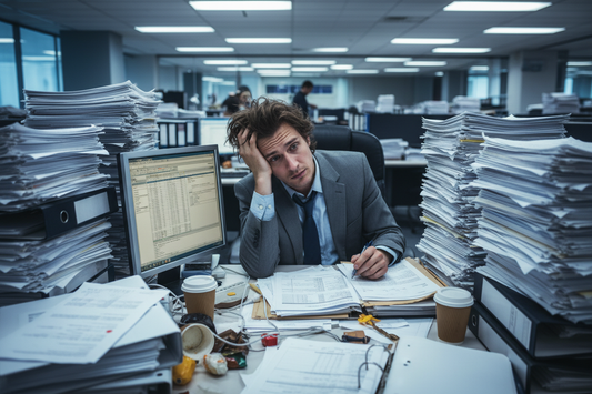 someone who looks lost and has a lot of work to do, paper stacked and his hair is messy and he looks absolutely in a mess in office wear